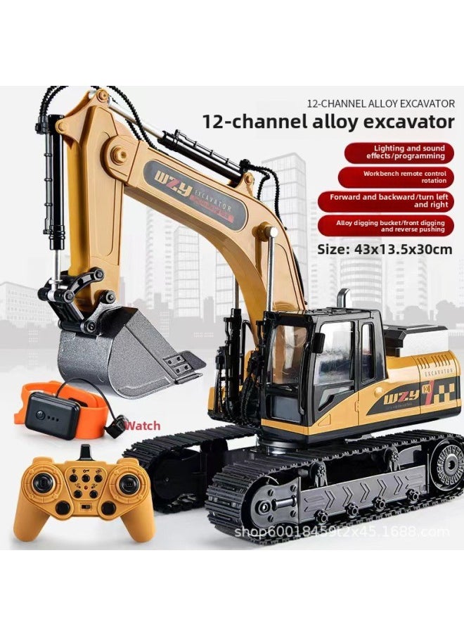 Generic Large Alloy Children's Remote Control Car Excavator Toy Car Boy Electric Excavator Engineering Car Excavator Cross-border-Color:Yellow/12 + Watch-alloy Bucket [color Box]]-Proportion:Official Standard [a Battery]]  - Image 1