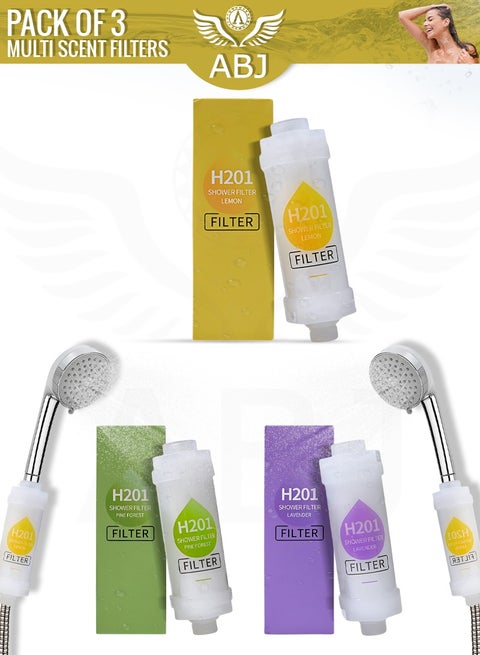 3-Pack Vitamin C Shower Filter / Shower Head Filter – Water Purifier with Aromatherapy Beads, Removes Chlorine & Fluoride, Softens Hard Water for Skin & Hair (Lavender + Pine Forest + Lemon)