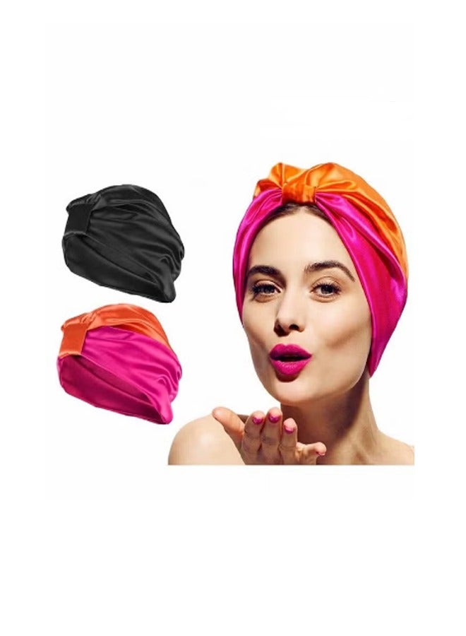 2Pcs Sleep Cap Turban Hat Non slip Elastic Silk Bonnet, for Woman Girl Curly Long Hair, Satin Sleeping Cap for Hair Women, Oversized Design for All Length Thick Curly Hair - Image 1