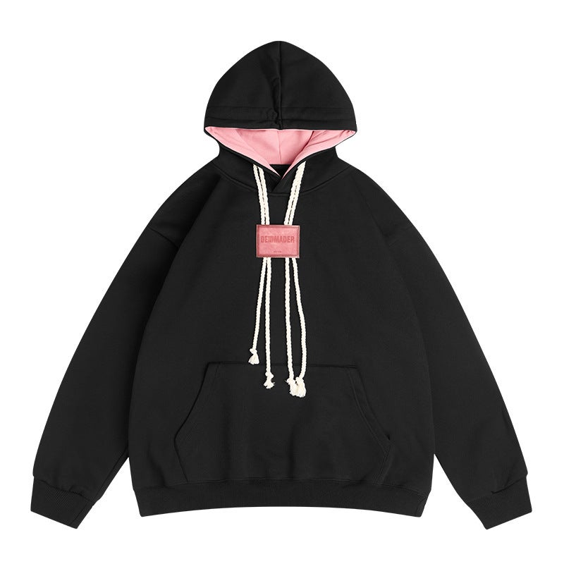 Japanese Style Retro Fleece-Lined Color Matching Hooded Sweater For Lovers Heavy Profile Casual College Hoodie Top - Image 3