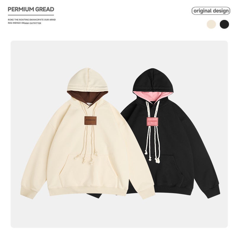 Japanese Style Retro Fleece-Lined Color Matching Hooded Sweater For Lovers Heavy Profile Casual College Hoodie Top - Image 2