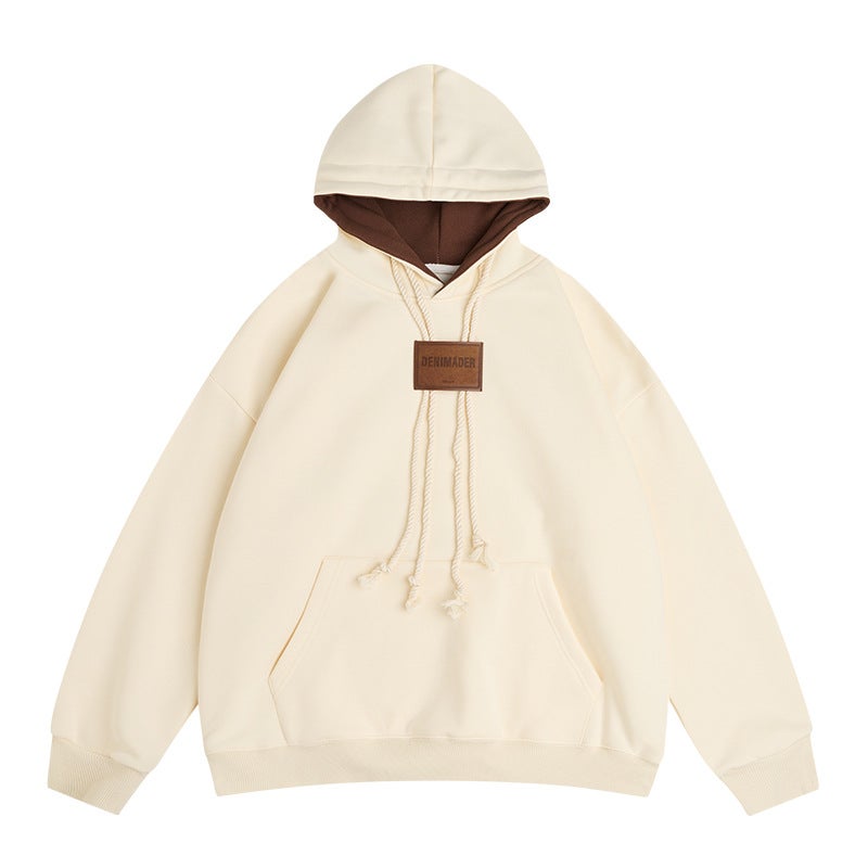 Japanese Style Retro Fleece-Lined Color Matching Hooded Sweater For Lovers Heavy Profile Casual College Hoodie Top - Image 4