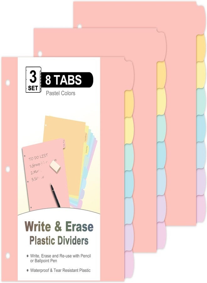 LRFWJS 24 Count/3 Sets Write & Erase Binder Dividers with Tabs, Plastic 8 Tab Dividers for 3 Ring Binder Letter Size, Separators for Student School Home Office Document Organizer, Pastel - Image 1