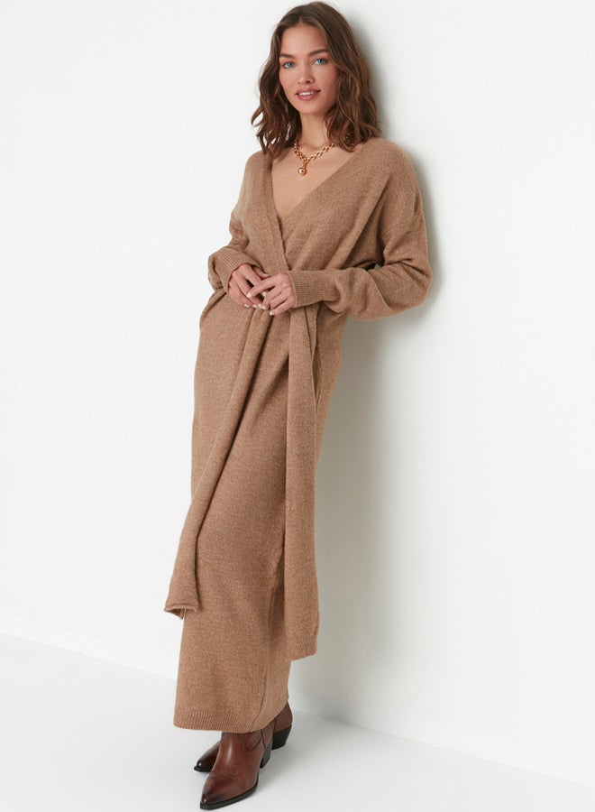 trendyol Camel Soft Textured Midi Knitwear Double Breasted Collar Tie Detail Dress - Image 1