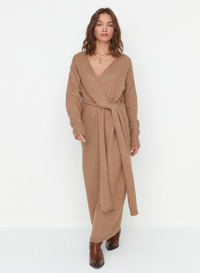 trendyol Camel Soft Textured Midi Knitwear Double Breasted Collar Tie Detail Dress - Image 3