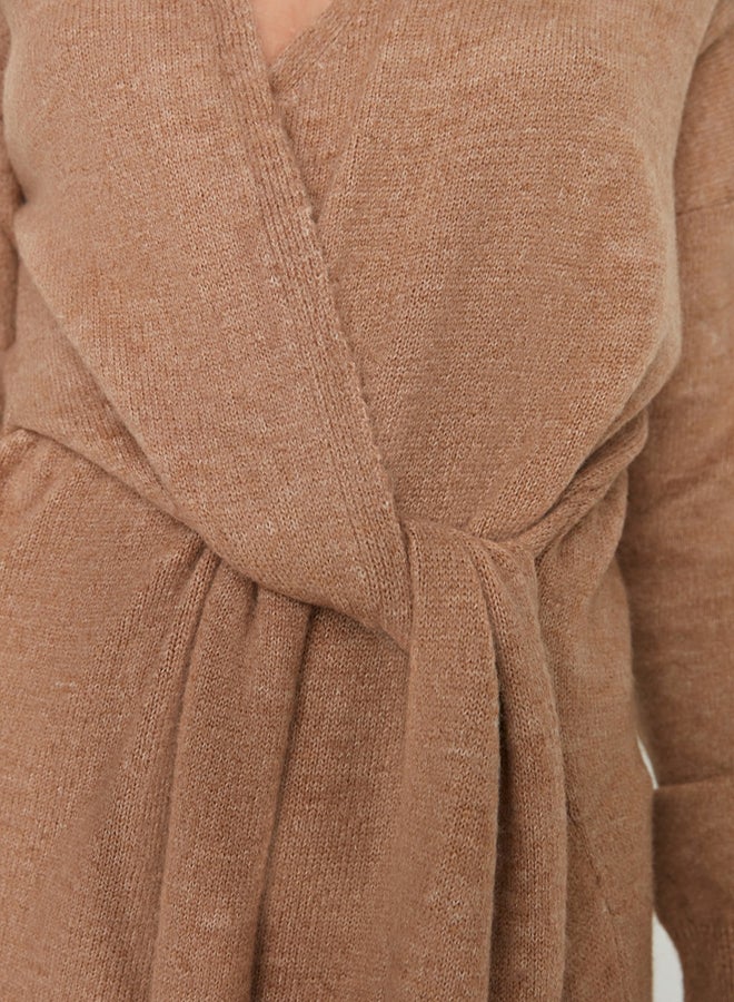 trendyol Camel Soft Textured Midi Knitwear Double Breasted Collar Tie Detail Dress - Image 4