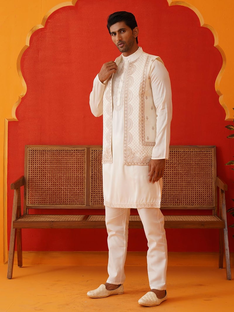 Jompers Classic Silk Blend Embroidered Waistcoat and Solid Kurta Pyjama Set for Men - Image 4