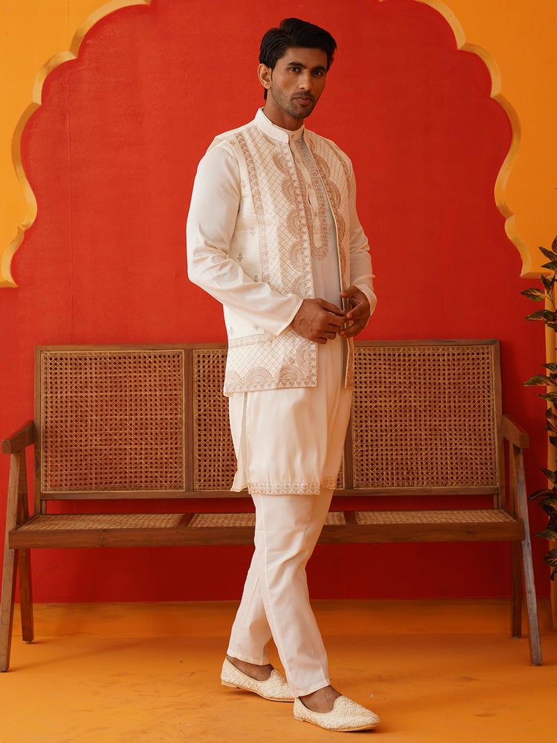 Jompers Classic Silk Blend Embroidered Waistcoat and Solid Kurta Pyjama Set for Men - Image 2
