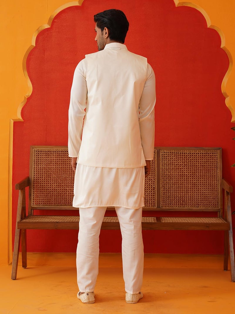 Jompers Classic Silk Blend Embroidered Waistcoat and Solid Kurta Pyjama Set for Men - Image 3