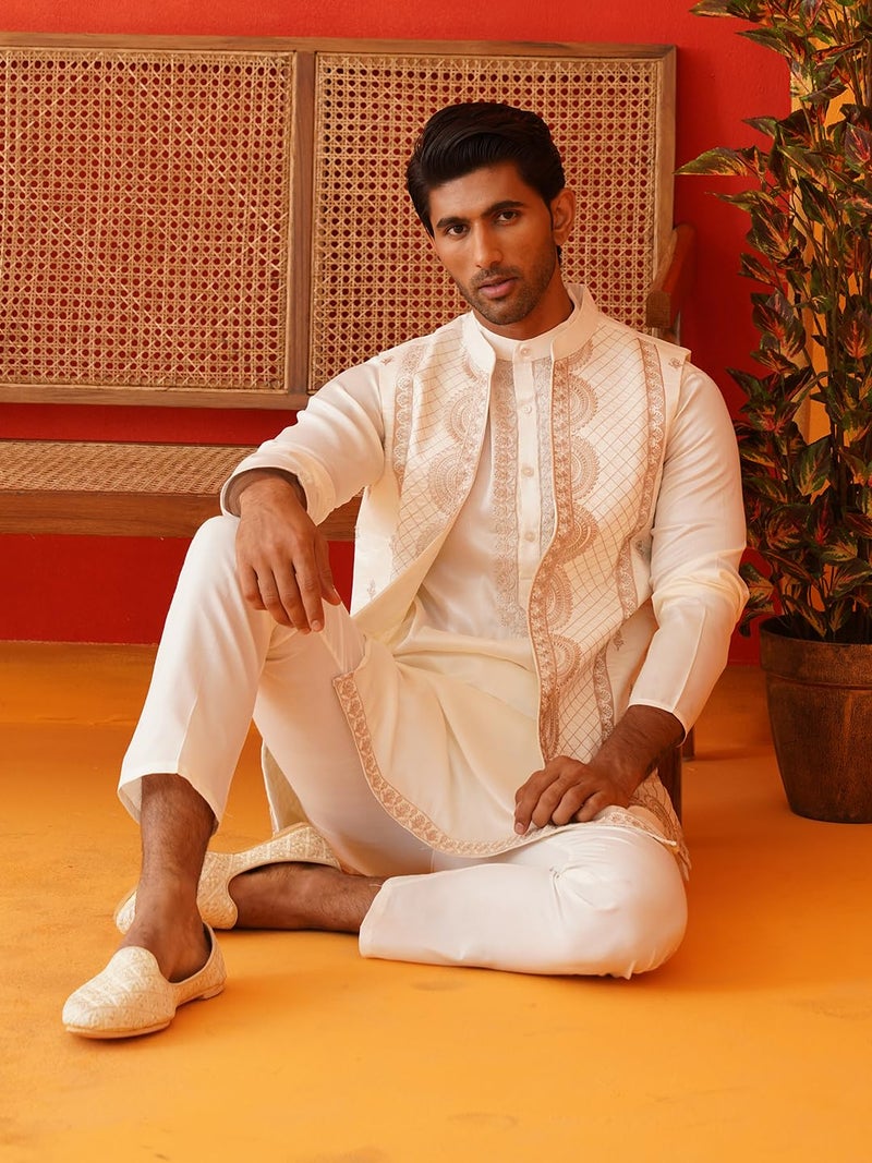Jompers Classic Silk Blend Embroidered Waistcoat and Solid Kurta Pyjama Set for Men - Image 5