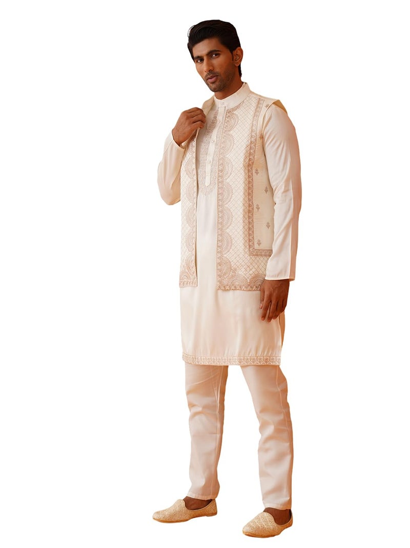 Jompers Classic Silk Blend Embroidered Waistcoat and Solid Kurta Pyjama Set for Men - Image 1