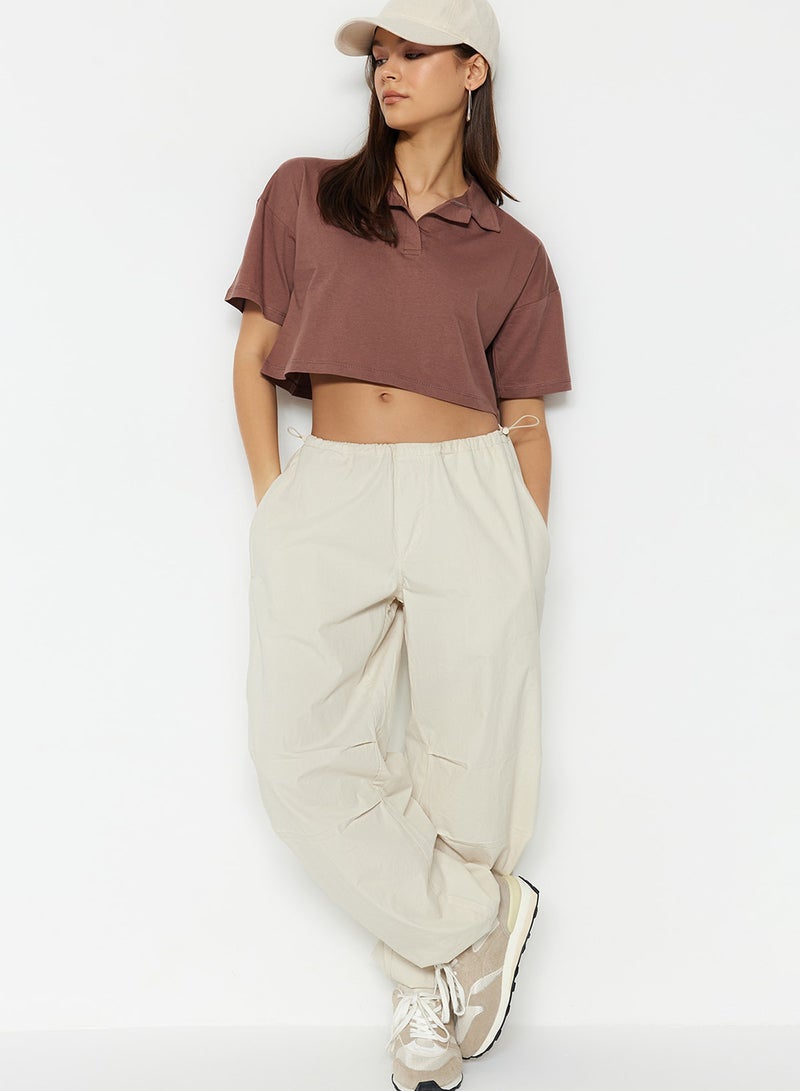 trendyol Brown 100% Thick Cotton Crop Polo Neck Knitted T-Shirt Twoss22Ts0241 - Image 3