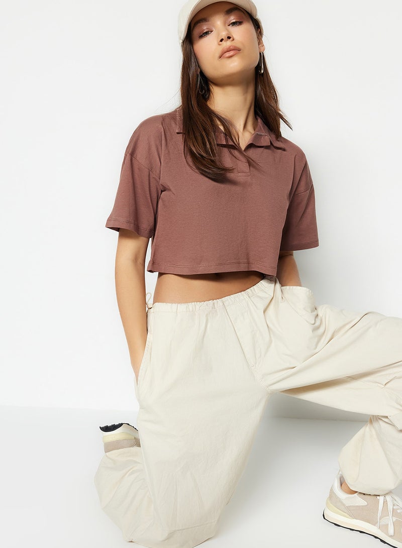 trendyol Brown 100% Thick Cotton Crop Polo Neck Knitted T-Shirt Twoss22Ts0241 - Image 1