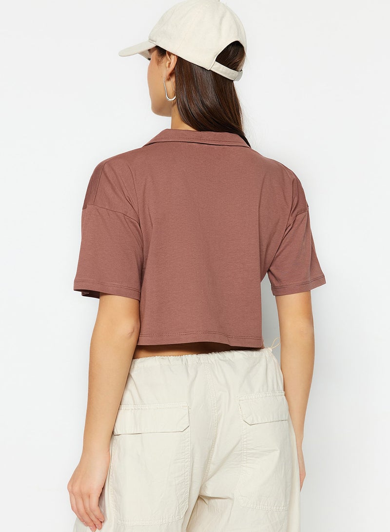 trendyol Brown 100% Thick Cotton Crop Polo Neck Knitted T-Shirt Twoss22Ts0241 - Image 5