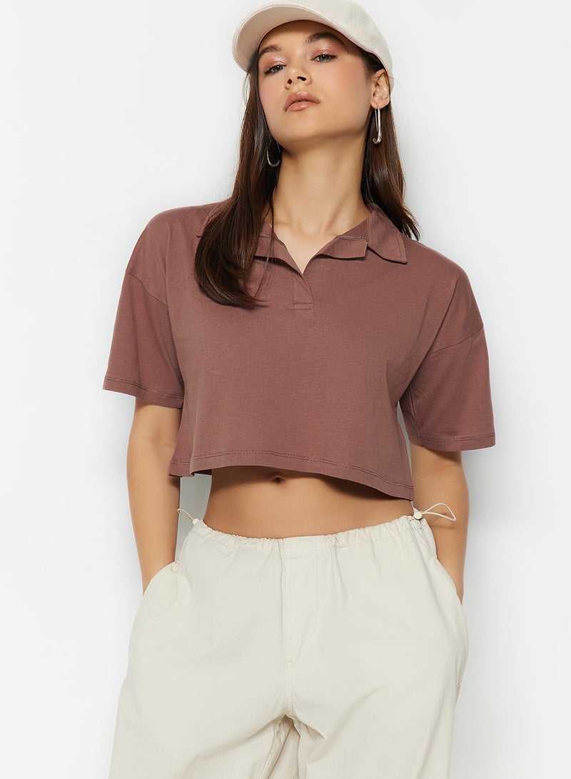 trendyol Brown 100% Thick Cotton Crop Polo Neck Knitted T-Shirt Twoss22Ts0241 - Image 2