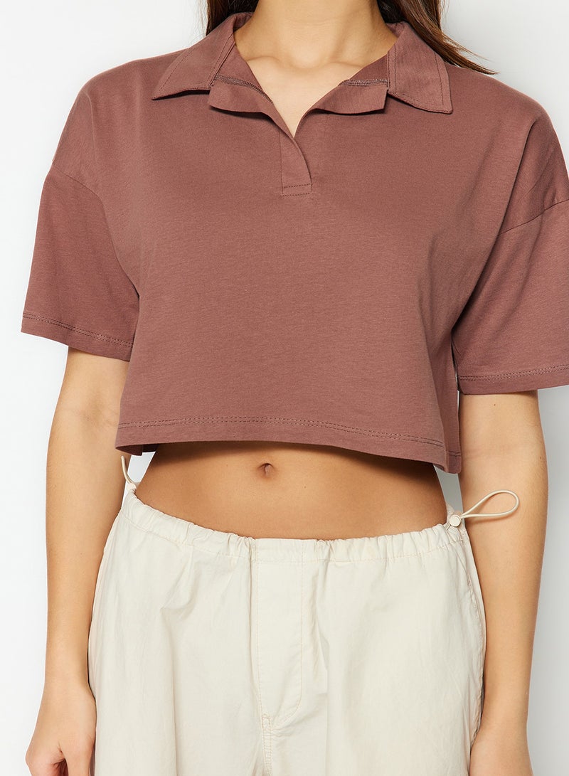 trendyol Brown 100% Thick Cotton Crop Polo Neck Knitted T-Shirt Twoss22Ts0241 - Image 4
