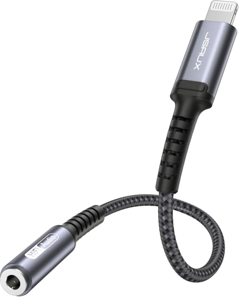 كابل Jsaux MFI Lightning إلى 3.5 ملم أنثى، طوله 0.18 متر، لونه رمادي