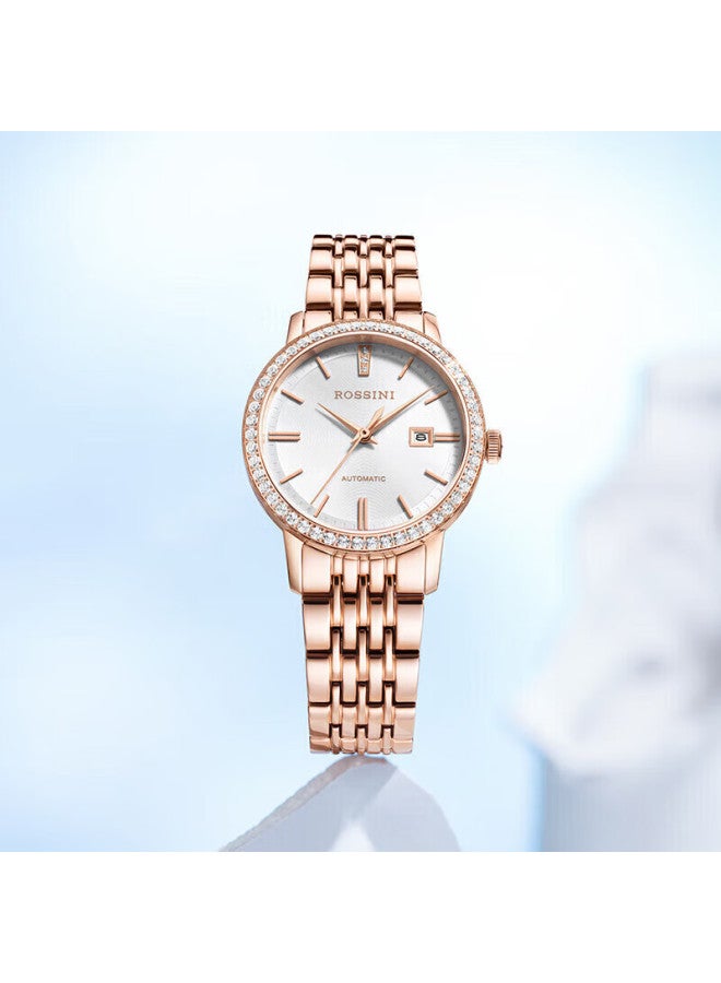 Rossini Women's Mechanical Watch, New Year Gift For Girlfriend, Fashionable Light Luxury Gold White Dial Steel Strap 5230162 - Image 5