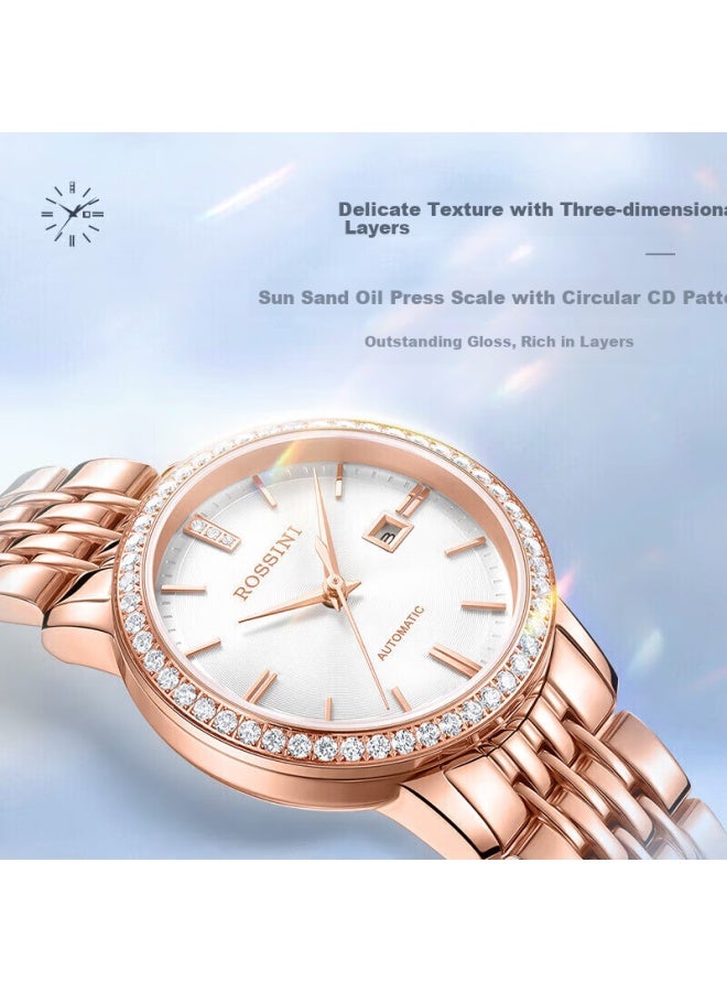 Rossini Women's Mechanical Watch, New Year Gift For Girlfriend, Fashionable Light Luxury Gold White Dial Steel Strap 5230162 - Image 3
