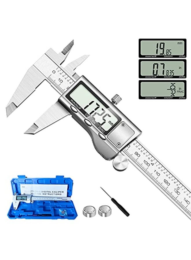 Digital Caliper Measuring Tool, Stainless Steel Vernier Caliper Digital Micrometer with Large LCD Screen, Easy Switch from Inch Metric Fraction, 6 Inch Caliper Tool for DIY/Household - Image 1