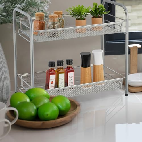 Pro-Grade ProGrade 2-Tier Mesh Spice Rack Metal Storage Rack, Kitchen Spice Rack Mesh Organiser Stand for Kitchen, Bathroom, Office, Silver (Silver) - Image 1