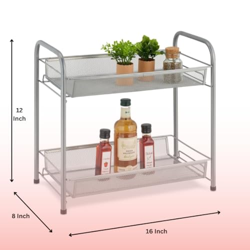 Pro-Grade ProGrade 2-Tier Mesh Spice Rack Metal Storage Rack, Kitchen Spice Rack Mesh Organiser Stand for Kitchen, Bathroom, Office, Silver (Silver) - Image 3