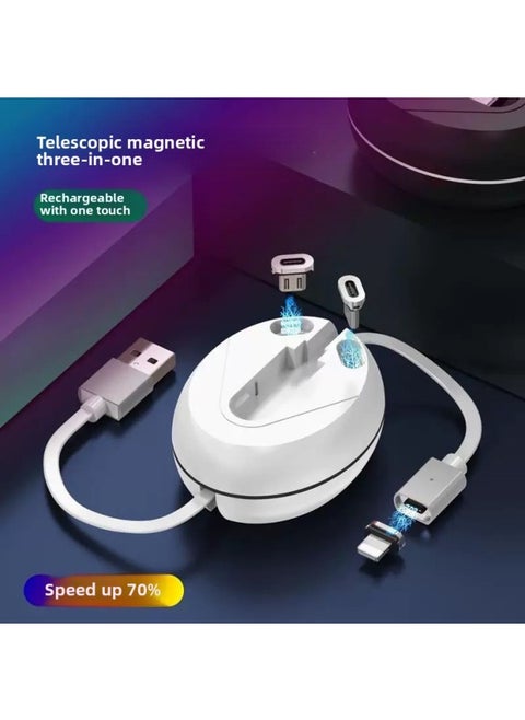 One-to-three Telescopic Magnetic Suction Data Cable Super Fast Charging For Apple For Huawei Three-in-one Android Charging Cable USB-Model:Pure White (exquisite Packaging)