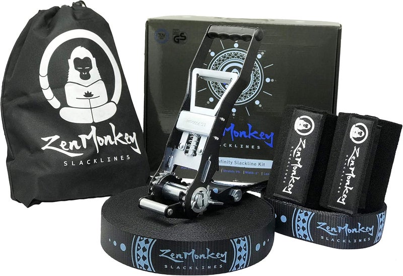 ZenMonkey Slacklines ZenMonkey Infinity Slackline Kit - 100 Foot Longline Slackline with Ergo Ratchet, Tree Protectors, Cloth Carry Bag and Instructions - Easy Setup for The Family, Kids and Adults - Image 1