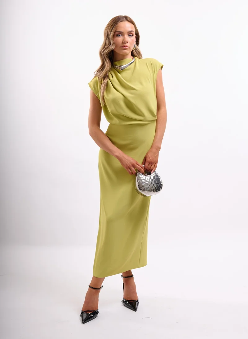 PLEATED DRAPE DETAIL COLUMN MIDI DRESS IN LIME