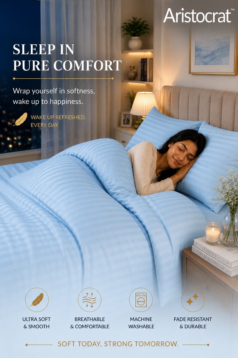 Aristocrat 3-Piece Stripe Microfiber Duvet Cover Set | Queen | Includes 1 Duvet Cover (220x240cm) & 2 Pillowcases (53x75+15cm) | Ultra Soft, Breathable & Wrinkle Resistant | Sky blue - Image 3