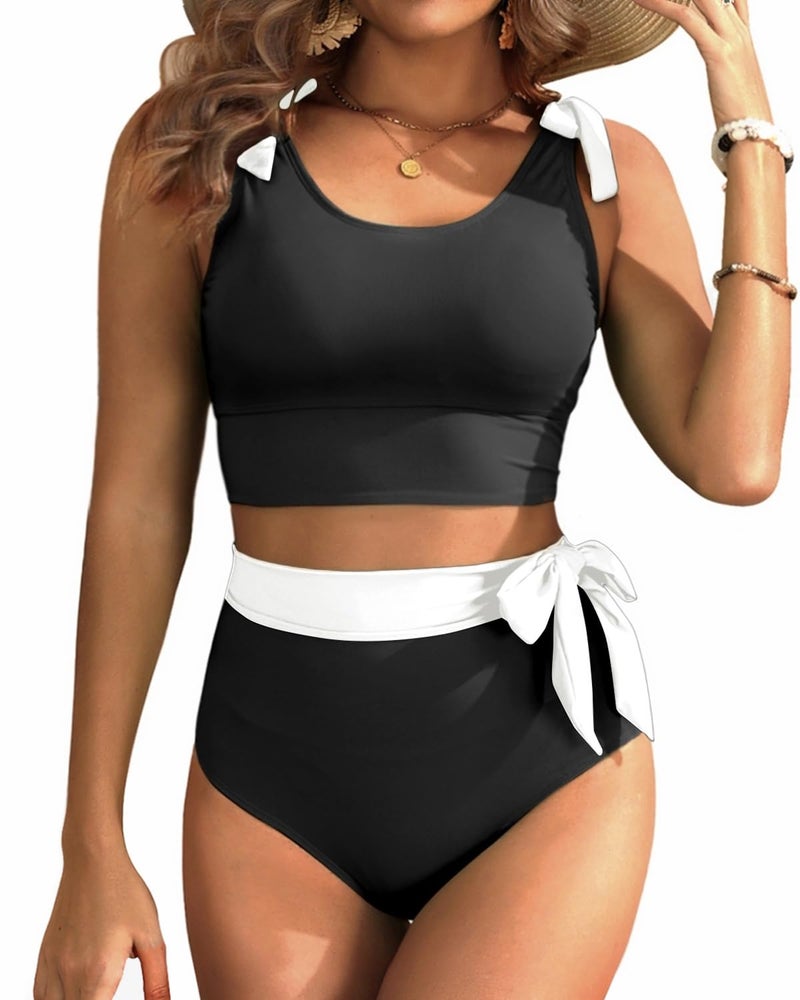 Yonique Two Piece High Waisted Swimsuits - Women Tummy Control Bikini Modest Bathing Suit 2PC 2025 Black and White XL - Image 1