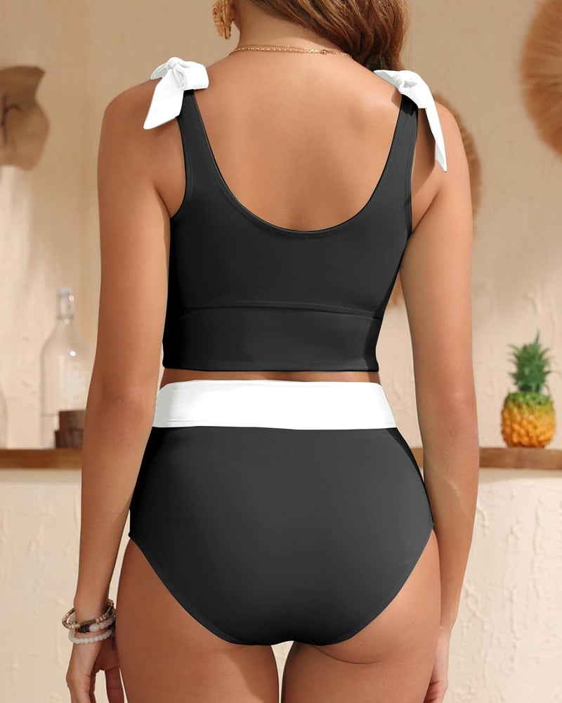 Yonique Two Piece High Waisted Swimsuits - Women Tummy Control Bikini Modest Bathing Suit 2PC 2025 Black and White XL - Image 4