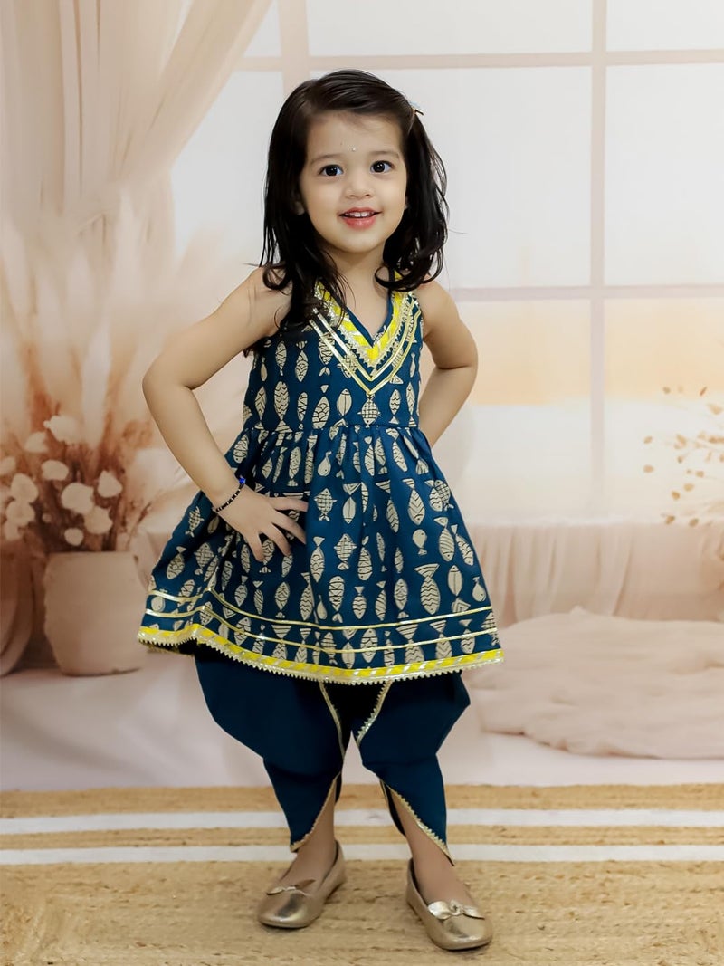 BownBee Halter Neck Pure Cotton Fish Print Kurti with Harem for Girls- Indigo (Set of 1) Solid/Printed colorful full length fully stitched regular fit Ethnic wear dress for Kids-Age_3 to 6 Months - Image 2