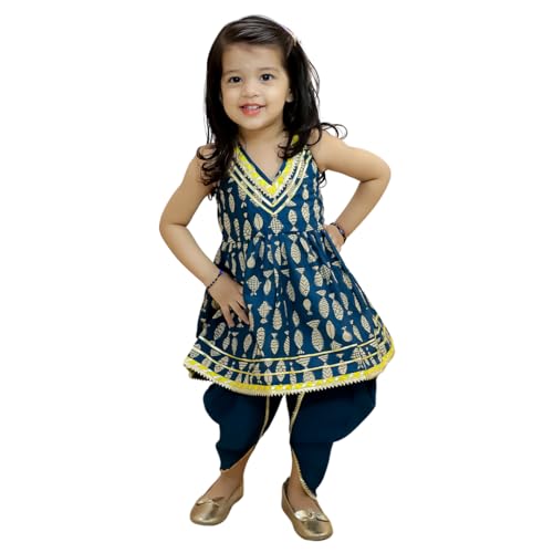 BownBee Halter Neck Pure Cotton Fish Print Kurti with Harem for Girls- Indigo (Set of 1) Solid/Printed colorful full length fully stitched regular fit Ethnic wear dress for Kids-Age_3 to 6 Months - Image 1
