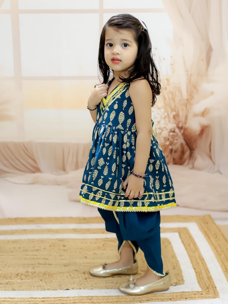 BownBee Halter Neck Pure Cotton Fish Print Kurti with Harem for Girls- Indigo (Set of 1) Solid/Printed colorful full length fully stitched regular fit Ethnic wear dress for Kids-Age_3 to 6 Months - Image 5