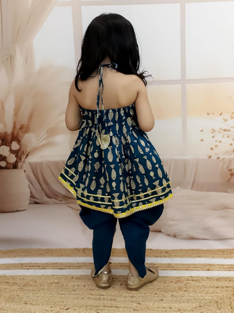 BownBee Halter Neck Pure Cotton Fish Print Kurti with Harem for Girls- Indigo (Set of 1) Solid/Printed colorful full length fully stitched regular fit Ethnic wear dress for Kids-Age_3 to 6 Months - Image 3