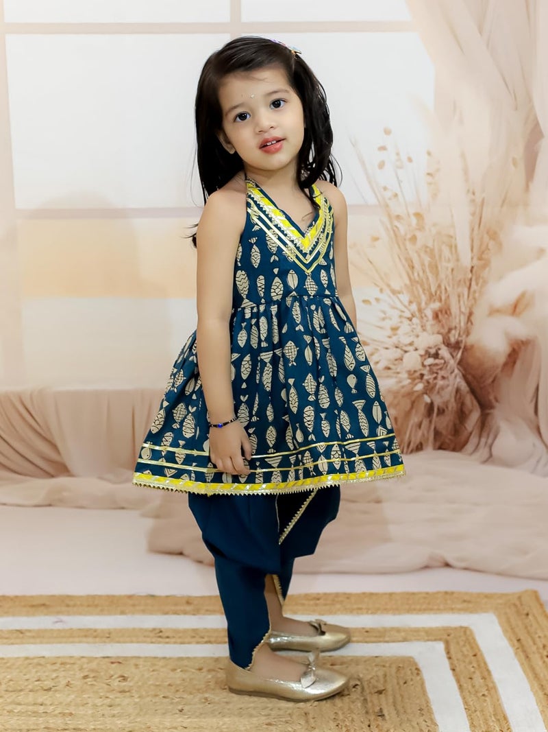 BownBee Halter Neck Pure Cotton Fish Print Kurti with Harem for Girls- Indigo (Set of 1) Solid/Printed colorful full length fully stitched regular fit Ethnic wear dress for Kids-Age_3 to 6 Months - Image 4