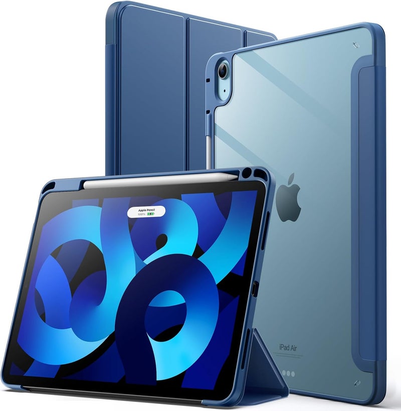 جي تيك غطاء JETech لجهاز iPad Air مقاس 11 بوصة M4/M3/M2 (2026/2025/2024)، iPad Air 5/4 (2022/2020 الإصدار الخامس/الرابع) مع حامل القلم، غطاء لوحي رفيع خلفي شفاف واقٍ من الصدمات مع حامل، تشغيل/إيقاف تلقائي (أزرق بحري) - Image 1