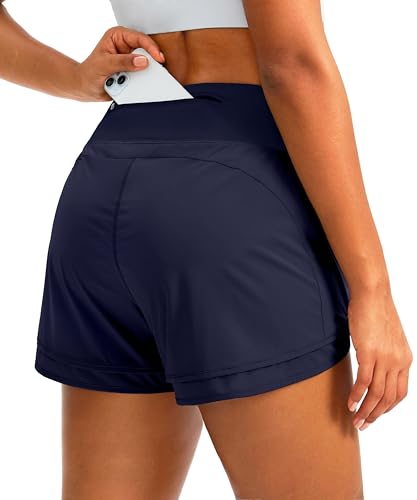 Soothfeel Women's Running Shorts High Waisted Quick-Dry 3 Inch Gym Workout Athletic Shorts for Women with Zipper Pocket(Navy Blue, M) - Image 1