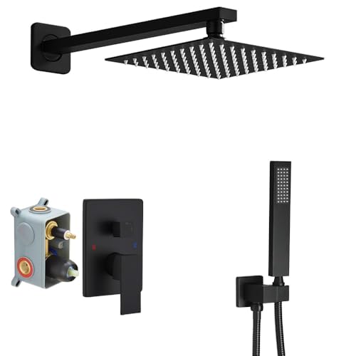 Heable Matte Black Shower System Brass Bathroom Luxury Rain Mixer Shower Combo Set Wall Mounted Rainfall Shower Head System Shower Faucet Rough-in Valve Body and Trim Included - Image 1