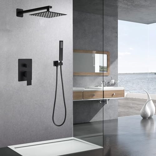Heable Matte Black Shower System Brass Bathroom Luxury Rain Mixer Shower Combo Set Wall Mounted Rainfall Shower Head System Shower Faucet Rough-in Valve Body and Trim Included - Image 2