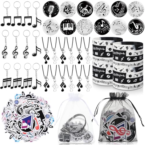 Seajan 110 Pcs Music Party Favors Include Music Notes Silicone Bracelets Piano Note Necklaces Keychains Stickers Badges Organza Gift Bag Fillers for Piano Themed Birthday Party Supplies Decorations - Image 1