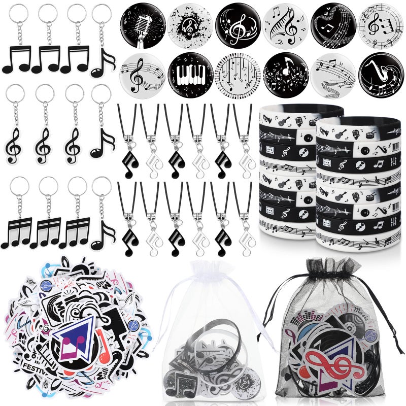 Seajan 110 Pcs Music Party Favors Include Music Notes Silicone Bracelets Piano Note Necklaces Keychains Stickers Badges Organza Gift Bag Fillers for Piano Themed Birthday Party Supplies Decorations - Image 2