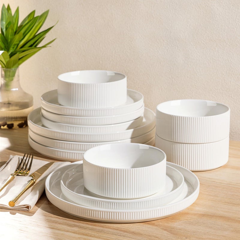 TheTerra Ceramic Dinnerware Sets for 4, 12 Pieces Porcelain Lightweight Plates and Bowls Sets, Scratch Resistant Dish Set, Oven & Microwave & Dishwasher Safe, Bright White - Image 1