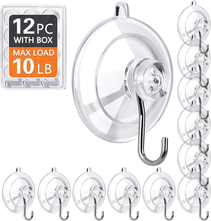 KORCCI Suction Cup Hooks 12Pack - Max Load 10LB, 1.77Inch Clear Small Suction Cups, No Trace, Reusable & Removable Suction Cup with Stainless Steel Hooks, for Tile Glass Window Shower Kitchen Bathroom - Image 1