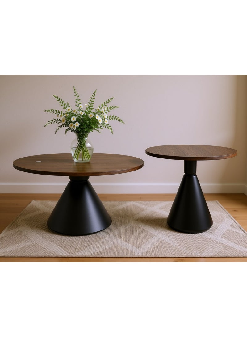 Living Set of two round brown wood coffee tables with brown steel bases - Image 1