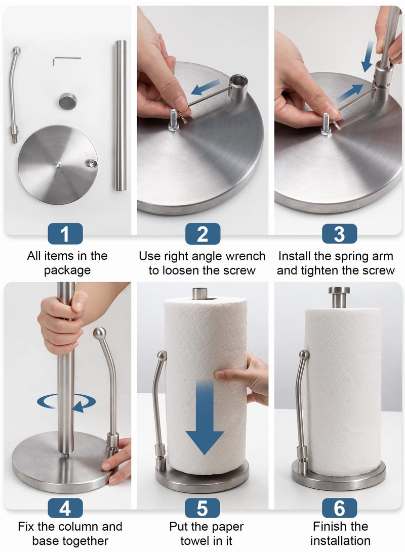 Excefore - Paper Towel Holder for One Hand Tear, Paper Towel Dispenser Standing Weighted Base Non Slip, Spring Arm Fit Most Size Paper Roll, Stainless Steel Paper Towel for Kitchen Countertop(Silver) - Image 1