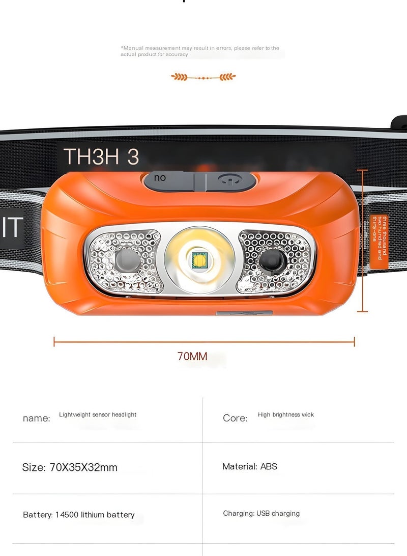 Warsun LED HeadLamp, Motion Sensor Control, 120 Lumen Bright 8 Hours Runtime ,USB Rechargeable Waterproof Headlight Flashlight, Camping Hiking Fishing Work, Outdoor night fishing, Household flashlight, Strong headlight charging, Ultra bright head mounted lighting, Ultra long battery life sensing（Randomly send Black or Orange colour） - Image 3