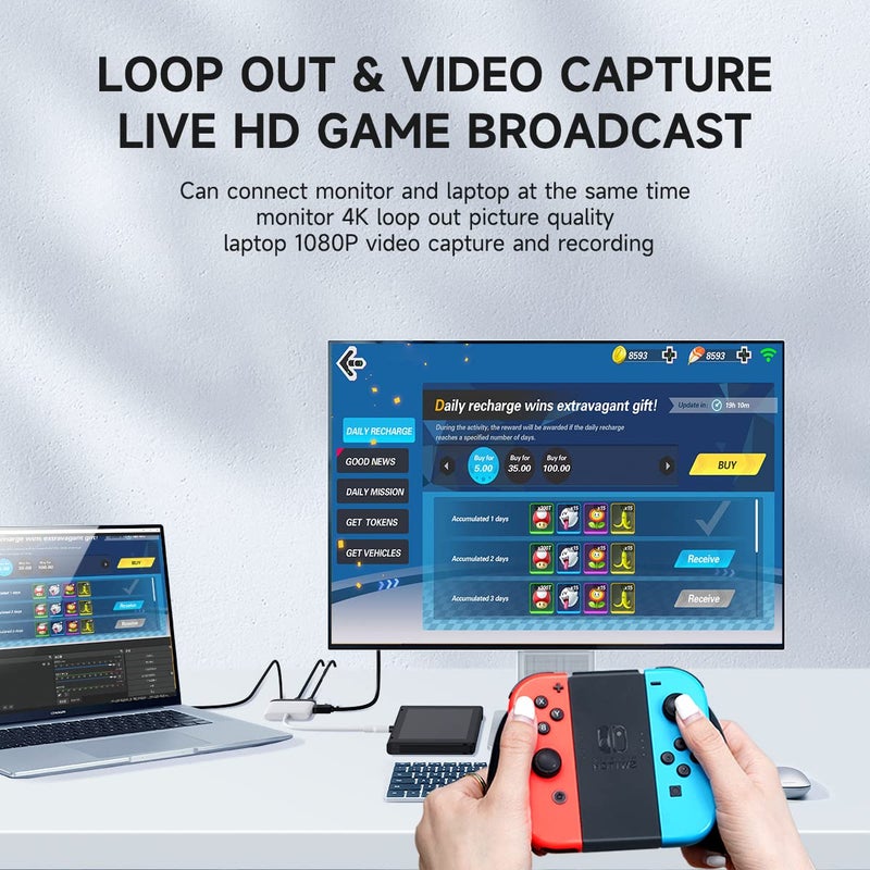 Hagibis Switch Video Capture Card Portable Switch Dock for Nintendo Switch/iPhone 16 15 Pro Max Live Streaming Gaming USB 3.0 1080P 60Hz Video Recorder, Quest 3 with 4K HDMI(White MS2130 Chip) - Image 4