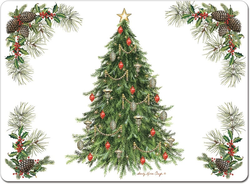 Cala Home Christmas Tree Premium Decorative Hardboard Cork Back Tabletop Placemats 4 Pack Manufactured in The USA Heat Tolerant and Easily Wipes Clean - Image 1